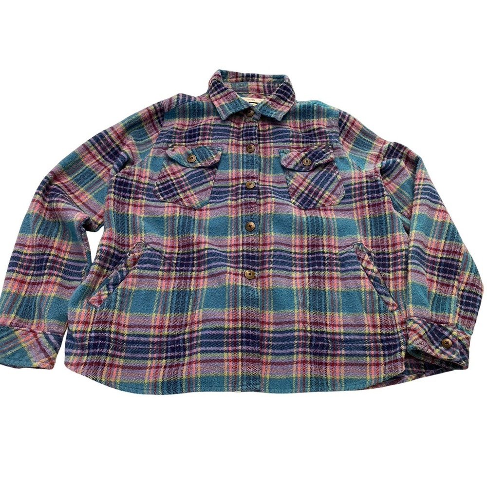 Woolrich Oxbow Bend Flannel Shirt Shacket Women's Large Blue Pink Plaid Cotton